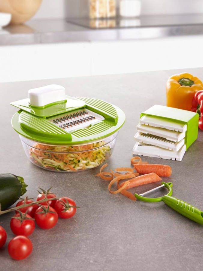 HELU Multifunctionele groenterasp, incl. 5 opzetstukken & dunschiller Groen/Wit/Transparant